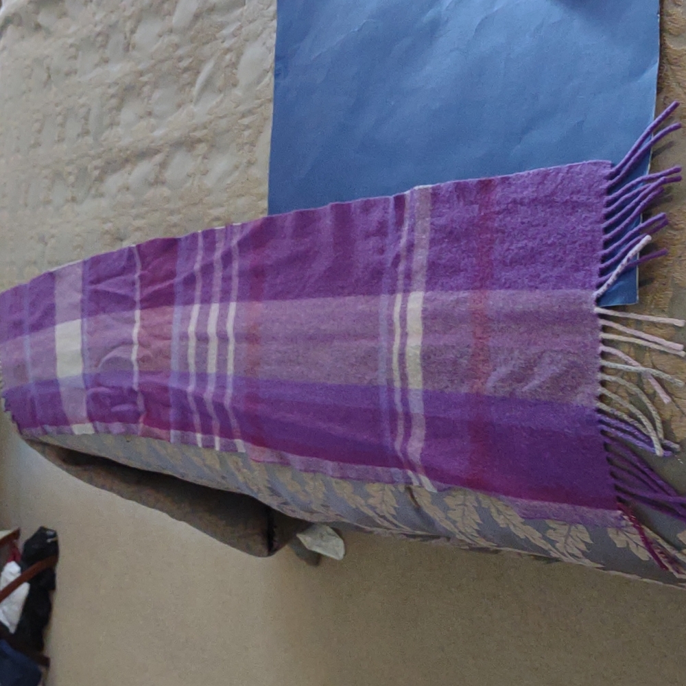 Black Saks 5th Ave purple plaid cashmere scarf with tassels